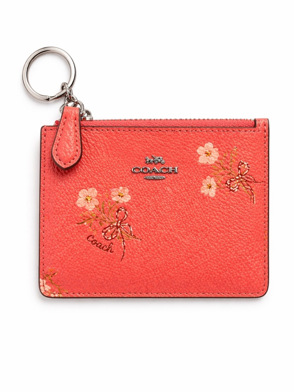 COACH Coral Floral Pebbled Leather Zip Key Card Case with Key Ring